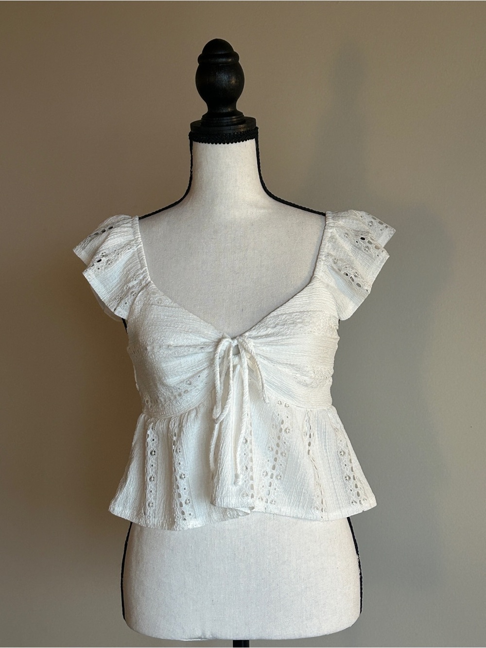 White Eyelet Tie-Front Peplum Crop Top - Women